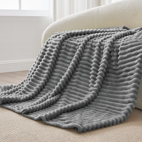 Image of BEDELITE Ribbed Twin Blanket for Couch & Bed, Grey, 60 inchx80 inch
