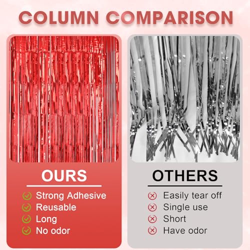 Image of Voircoloria 2 Pack Laser Red Foil Fringe Backdrop Curtains, Tinsel Streamers Birthday Party Decorations, Fringe Backdrop for Valentines Day, Wedding Photobackdrop, Anniversaries Party Decorations