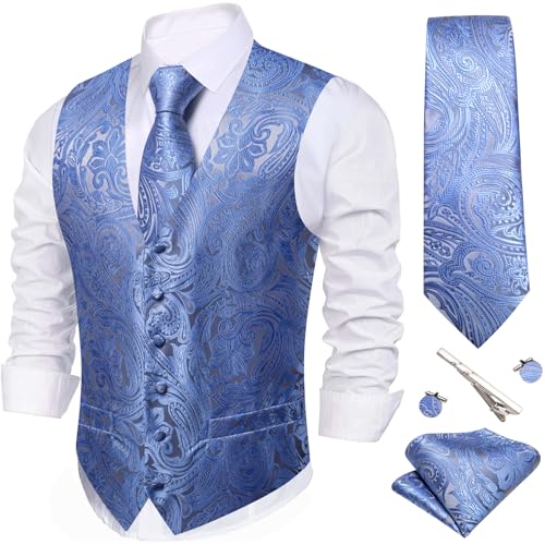 Image of Barry.Wang Men's Suit Vest Formal /Leisure Paisley Jacquard Silk Tie Pocket Square Waistcoat Set Wedding 5PCS