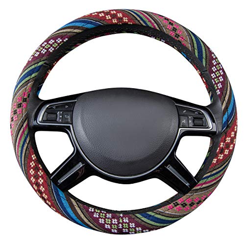 Car Pass Boho Steering Wheel Cover, Red Ethnic Flax Cloth Universal Steering Wheel Cover,Anti-Slip Design,Most Of Vehicles,Cars,Suv,Vans #TOP6