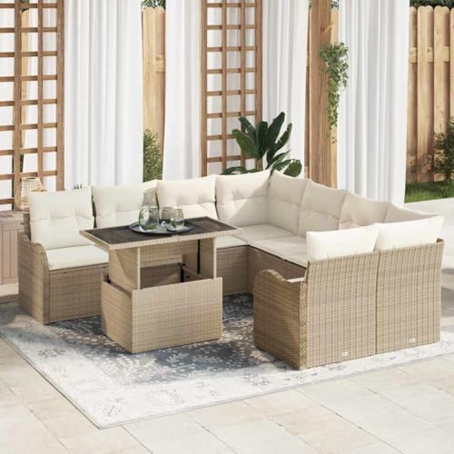 QJBSAVVA Gartenmöbel Set 9-TLG Poly Rattan Beige 100 x 55 x 73 cm...