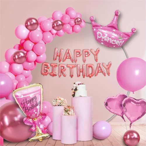 Image of Happy Birthday Balloons Decoration Kit - 51 Pcs Pink, Rose Gold Balloons with Crown, Heart & Glass Shape Foil Balloons | Birthday Party Decoration Set for Celebrations for Kids & Girls
