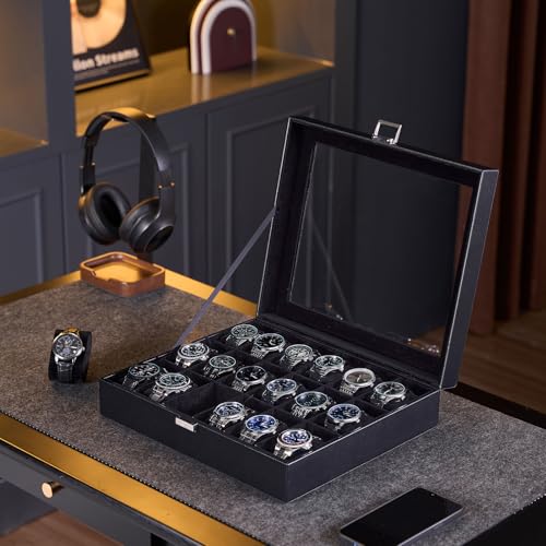Image of ProCase Watch Box Organizer, 18 Slot Watch Display Case, Allblack | Watches Storage Boxes Holder for Men Women, Large Glass Lid, Removable Pillows, Anniversary Christmas Birthday Gifts