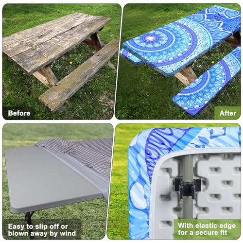Image of Picnic Table Cover with Bench Covers 6FT 3 Pcs Waterproof Windproof Aesthetic Camping Tablecloth with Drawstring Bag, Fitted for 6 Foot Rectangle Tables and Seats, 72 inch, Light Blue Purple