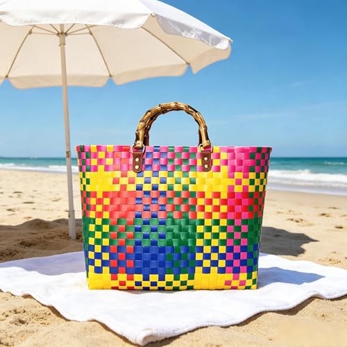 Bolso Tote grande para playa estilo boho con asas de bambú miniatura 3