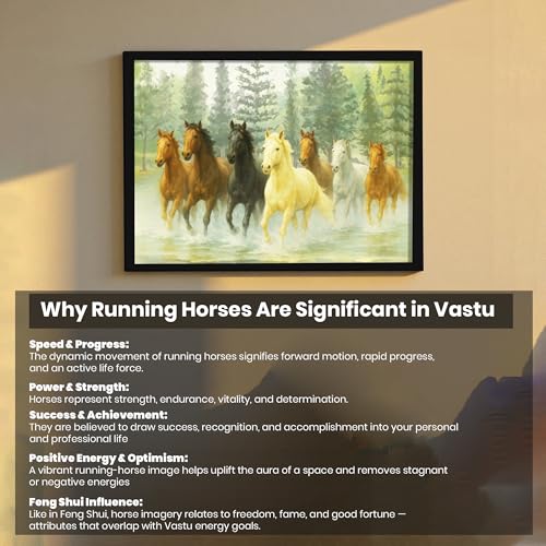 Image of 7 Running Horses Vastu Framed Wall Art Painting For Living Room| Green Forest Seven Horse Horse Painting With Frame Symbol of Growth & Positive Energy Wall Art for Living Room & Office, 17x23 Inch