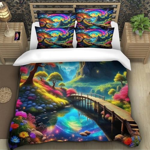 Housse de couette imprimée 3D paysage avec fermeture éclair cachée lit