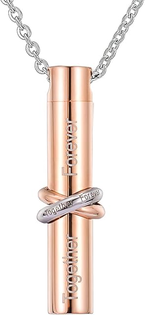 HooAMI Cremation Urn Necklace Together Forever Stainless Steel Memorial Keepsake Cylinder Pendant for Ashes