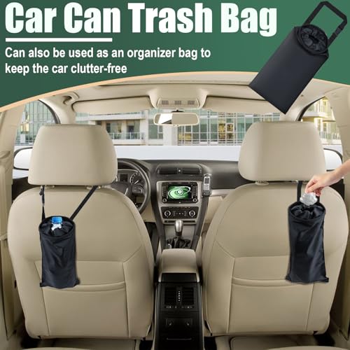 2 PCS Car Trash Bags, Washable Car Garbage Bag Hanging, Detachable Trash Can with Top Elastic Vent & Sticky Strap Bottom Opening, Seat Back Tash Bag for Cars,Travelling,Outdoor
