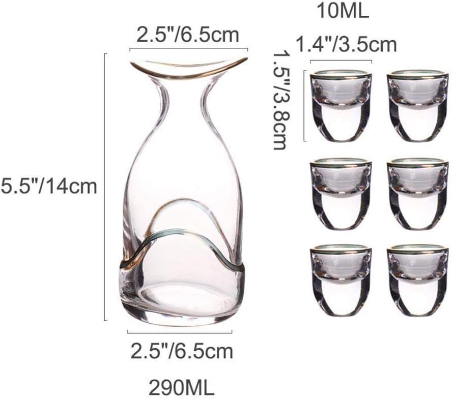 Tea Pots 7 Piece Glass Sake Set Japanese Style Wine Glasses Set Golden edge Crafts Cups include 1 Bottle and 6 Cups for Cold/Warm/Hot Sake/Shochu/Tea