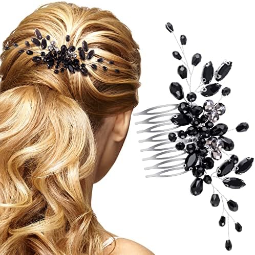 PAGOW Black Teardrop Hair Comb, Vintage Rhinestone Crystal Onyx Small Headpiece, Bridal Side Combs Handband Accessories for Women and Girls ( 5.3 x 2.6 inch )