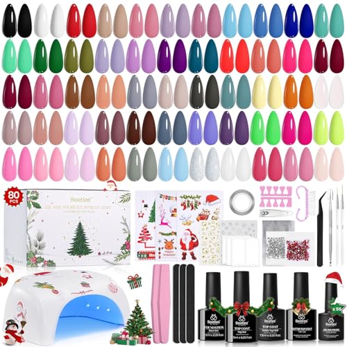 Image of Beetles 80 Pcs Christmas Gel Nail Polish Kit with U V Light - 55 Color Gel Nail Kit Gifts for Women Soak Off Color Enchantment Winter Red Nails Art Home DIY Salon Beginners Manicure Set