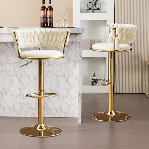 ATOMHOME Velvet Bar Stools Set of 2 Swivel Counter Height Barstools with Woven Backrest Adjustable Height Bar Stools for Kitchen Island Home Bar Pub - Modern Luxury Gold Bar Chairs (Beige)