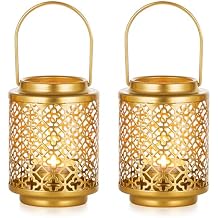 NUPTIO Decorative Candle Lanterns Gold 2 Pcs Hanging Metal Tea Light Candles Holder 4.1inch Small Vintage Tealight Lantern Centerpiece for Christmas Wedding Party Table Decorations Style 1