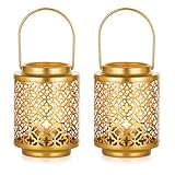 NUPTIO Decorative Candle Lanterns Gold: 2 Pcs Hanging Metal Tea Light Candles Holder 4.1inch Small Vintage Tealight Lantern Centerpiece for Christmas Wedding Party Table Decorations (Style 1)