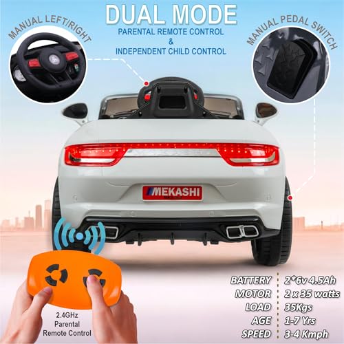 Image of MEKASHI Premium Electric Ride-On Car for Kids 1-7 Years with 12V Rechargeable Battery, Parent Remote Control, Bluetooth Music, LED Headlights, 5 Speed Modes, Swing Function, White