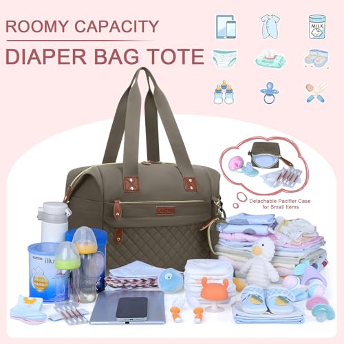 Image of Pritent Diaper Bag Tote, Diaper Baby Bags with Pacifier Case, Shoulder Straps, Stroller Clips, Waterproof Large Mommy Bag Maternity Bag Travel Baby Bag for Mom and Dad, khaki