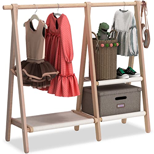 Image of VOGUSLAND Dress up Storage, Kids Clothing Rack Wardrobe with 2-Tier Storage Shelf (47" W x 14.5" D x 40" H, Natural Beech)