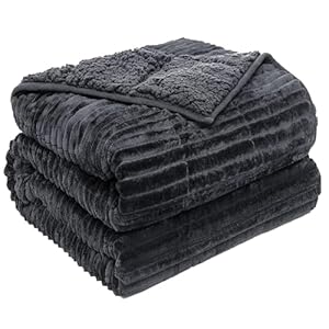 Sherpa Fleece Adult Weighted Blanket with Ribbed Stripes, 15 Pounds Dual Sided Soft Plush Blanket for Couch Bed Sofa, Heavy Thick Blankets with Ceramic Beads Great for Sleep, Dark Grey, 48″ x 72″