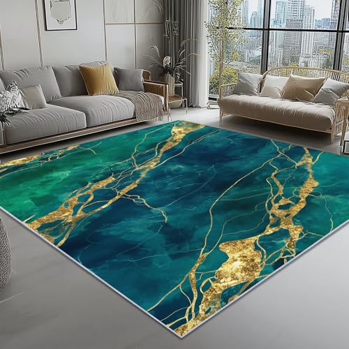 Alfombra de área Verde Esmeralda, para la decoración del Pasillo Alfombras 100 x 150 cm Interiores Antideslizantes Alfombras Lujo Vena Mármol Pelo Corto Lavables Alfombras de Sala de Estar
