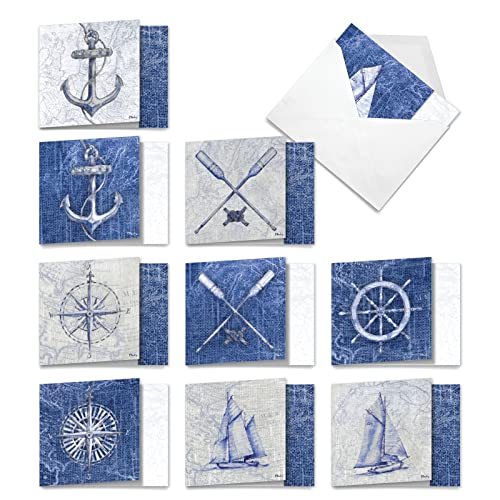The Best Card Company - 10 All Occasion Blank Cards (4 x 5.12 Inch) - Nautical, Ocean, Sea Life Assortment of Notecards - Nautical World AMQ6671OCB-B1x10
