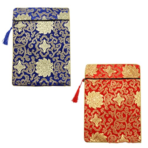 Homoyoyo Bolsa de Brocado Estilo Chino 2 Piezas Mediana 20x25 Cm Bordado Retro Doble Capa para Almacenamiento de Escrituras Budistas Azul y Rojo, Bolsa Étnica para Viajes y Uso Religioso