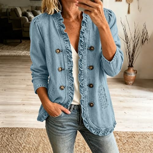 Denim Jacket For Women Ruffled Trim Lapel Open Front Long Sleeve Coats - image 2