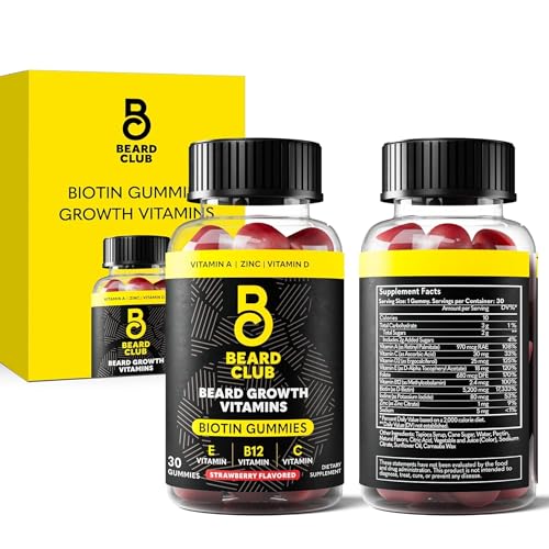 The Beard Club Biotin Beard Growth Vitamin Gummies - Hair Supplement for Men - Vitamins B12, E, & C to Support a Thicker Fuller Looking Facial Hair - Strawberry Gummy