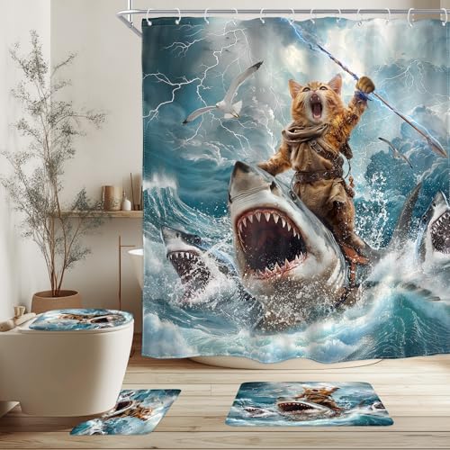 Image of 4 PCS Funny Cat Shower Curtain Riding Shark Riding Shark Surfing Beach Ocean