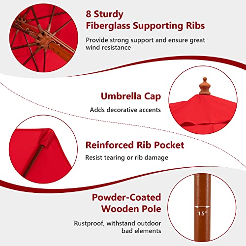 Tangkula 9.5 Ft Pulley Lift Round Patio Umbrella, Wooden Market Umbrella W/Rope Pulley Mechanism, 8 Fiberglass Ribs, Portable Table Parasol, Outdoor Sun Umbrella For Garden, Yard, Deck, Pool (Red) #TOP5
