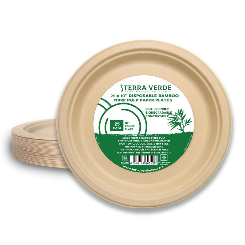 Terra Verde 25-Pack 10" Bamboo Fibre Pulp Disposable Plates for Parties Biodegradable Unbleached Brown, Odour-Free, Food-Safe, Leak-Proof, Microwave-Safe Tableware for Picnic, BBQ, Catering & Events