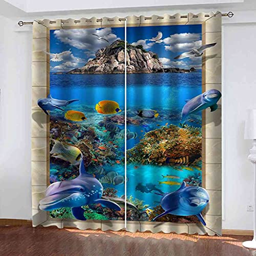 Rideaux isolant bruits et lumière rideau à oeillets bleu monde sous-marin 3D - 2