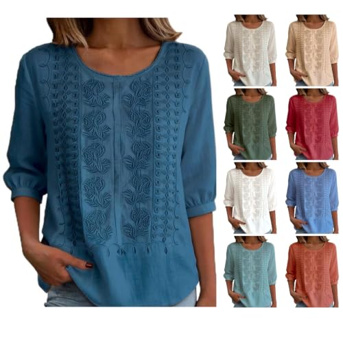 Embroidered Tops For Women Linen Shirts Peasant Boho Blouses Navy Medium - image 1