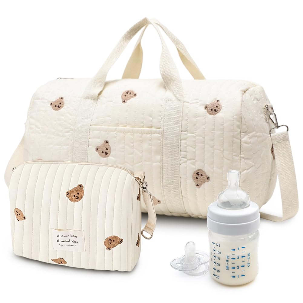 Lot de 2 sacs à langer - En coton avec broderie et motif ours en peluche - Sac de voyage avec bandoulière et fermeture éclair - Pour naissance à l'hôpital, voyage, poussette