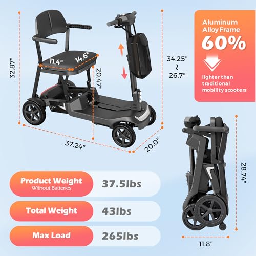 Image of 37.5lb Lightweight Mobility Scooter for Seniors & Adults - Cruise & Airline Approved, Removable Lithium Battery, Foldable Portable Travel Motorized Scooter, No Assembly Needed, 12.4Miles Range, Black