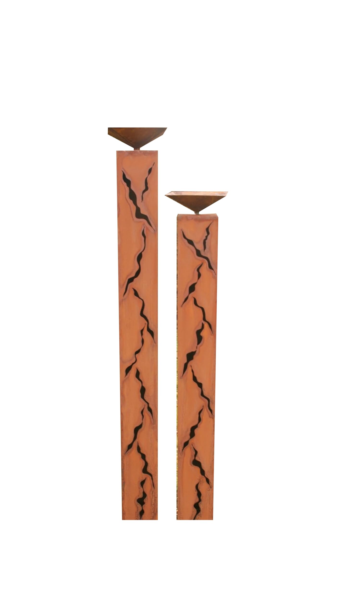 Gartendeko Rostsäulen 2er, 150/125 cm, mit Schalen, Vogeltränke. Handgemachtes Metall Rost Säulen Paar, aus Edelrost. Als schöne Dekoration für draußen.