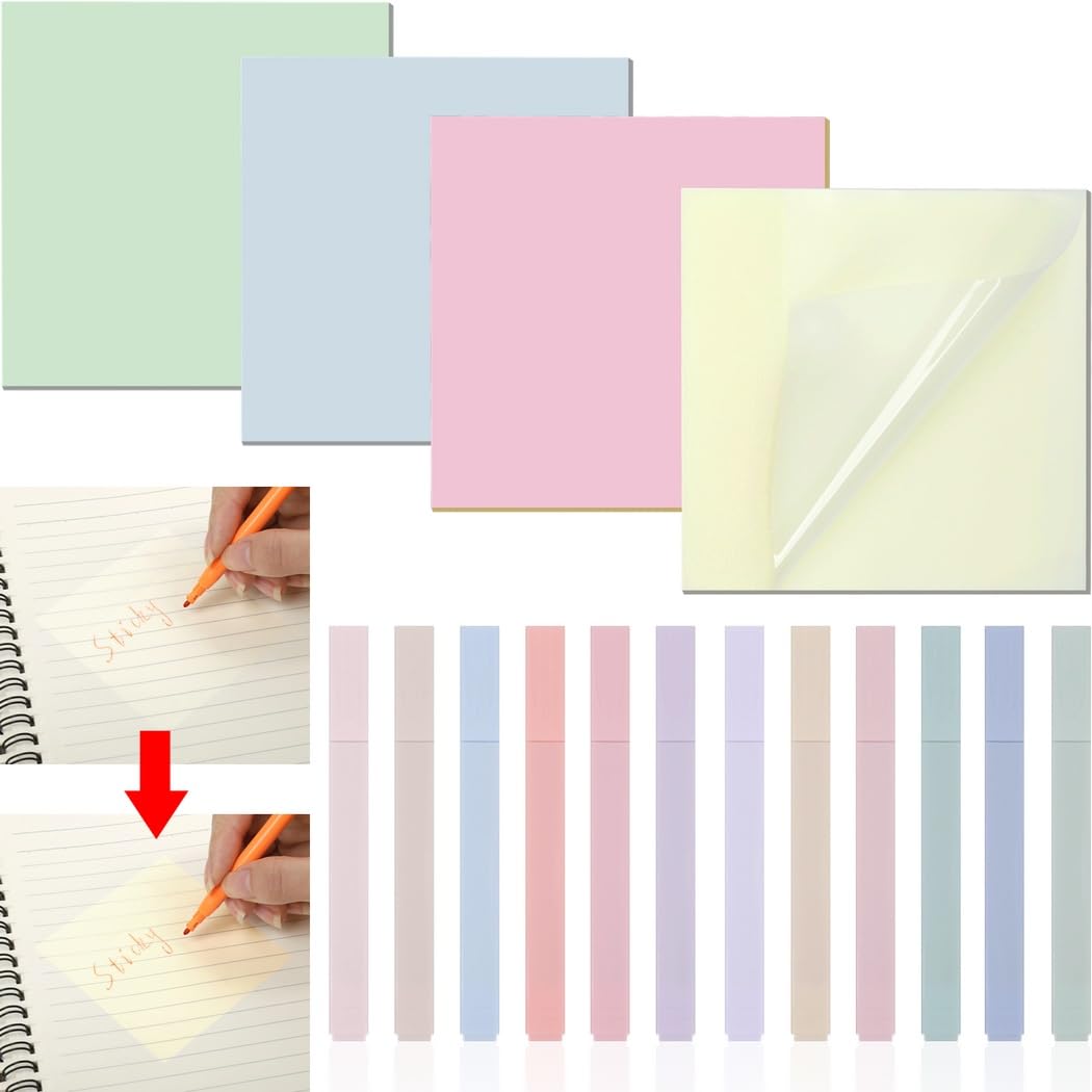 400 Stück Transparente Haftnotizen, Fotoempfindliche Klebenotizen mit 12 Textmarkern, 7,6 x 7,6 cm Wasserfeste Notizzettel zum Schreiben, Entfernbare bunte Haftnotizen
