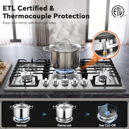 Image of Gas Cooktop 30 inch 5 Italy SABAF Burners with Wok Ring, NG /LPG Convertible | Thermocouple Protection, Built-in 30-inch, Auto Ignition, 48,300 BTU High Power, Stainless Steel, ETL Certified