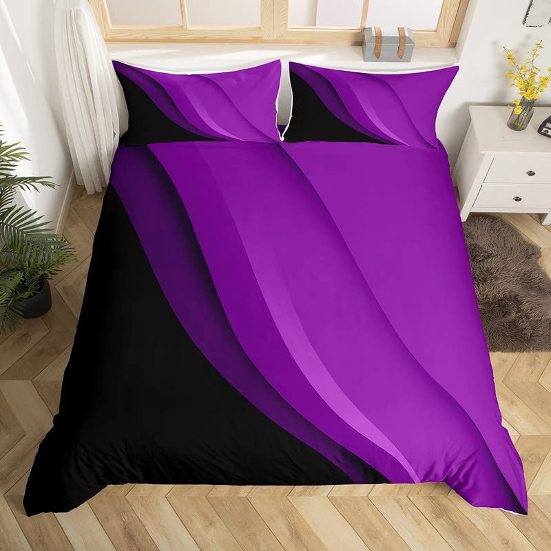 Geometric Duvet Cover Double Purple Black Abstract Stripes Bedding Set for Kids Abstract Art Comforter Cover Set Women Men Teens Ultra Soft Lines Decor Bedspread Cover Zipper Closure — image 1
