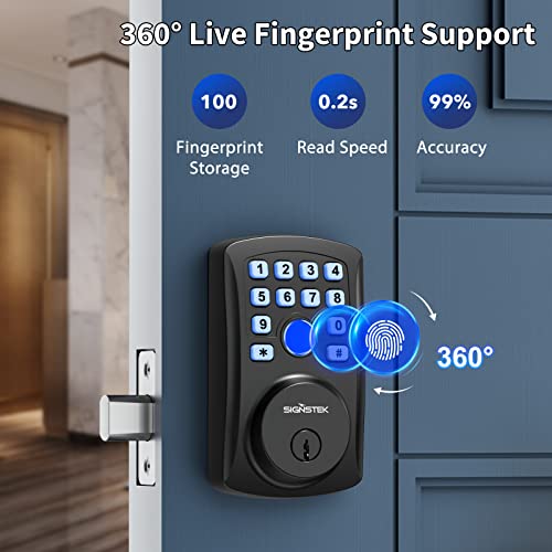 Signstek Fingerprint Door Lock, Keyless Entry Smart Door Lock, Biometric Door Lock with Keypad, Electronic Keypad Deadbolt for Home, Appartment,Bedroom, Easy to Install, Matte Black