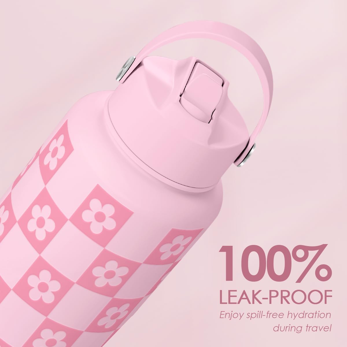 Checkerd Daisy Bottiglia d'acqua 950 ml in acciaio inox con coperchio cannuccia isolata, regalo per donne, ragazze, amici, compleanno, Natale