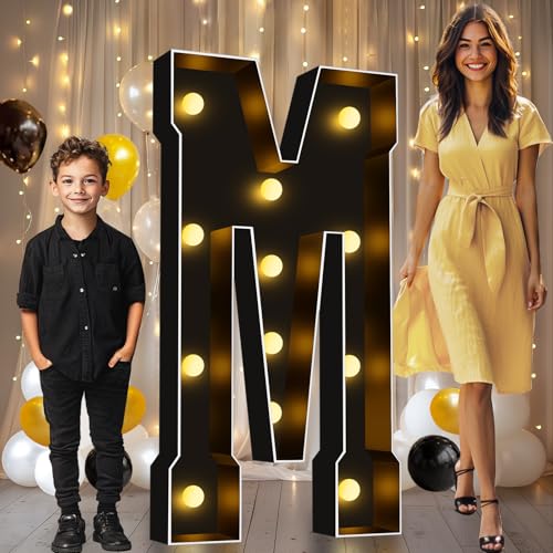 Image of Pooqla 4FT Marquee Light Up Letters, Black Large Letter M Party Decorations | LED Marquee Letters 4 Feet Tall, Black Giant Mosaic Letters Gift for Boys Men Birthday Anniversary Wedding Decoration