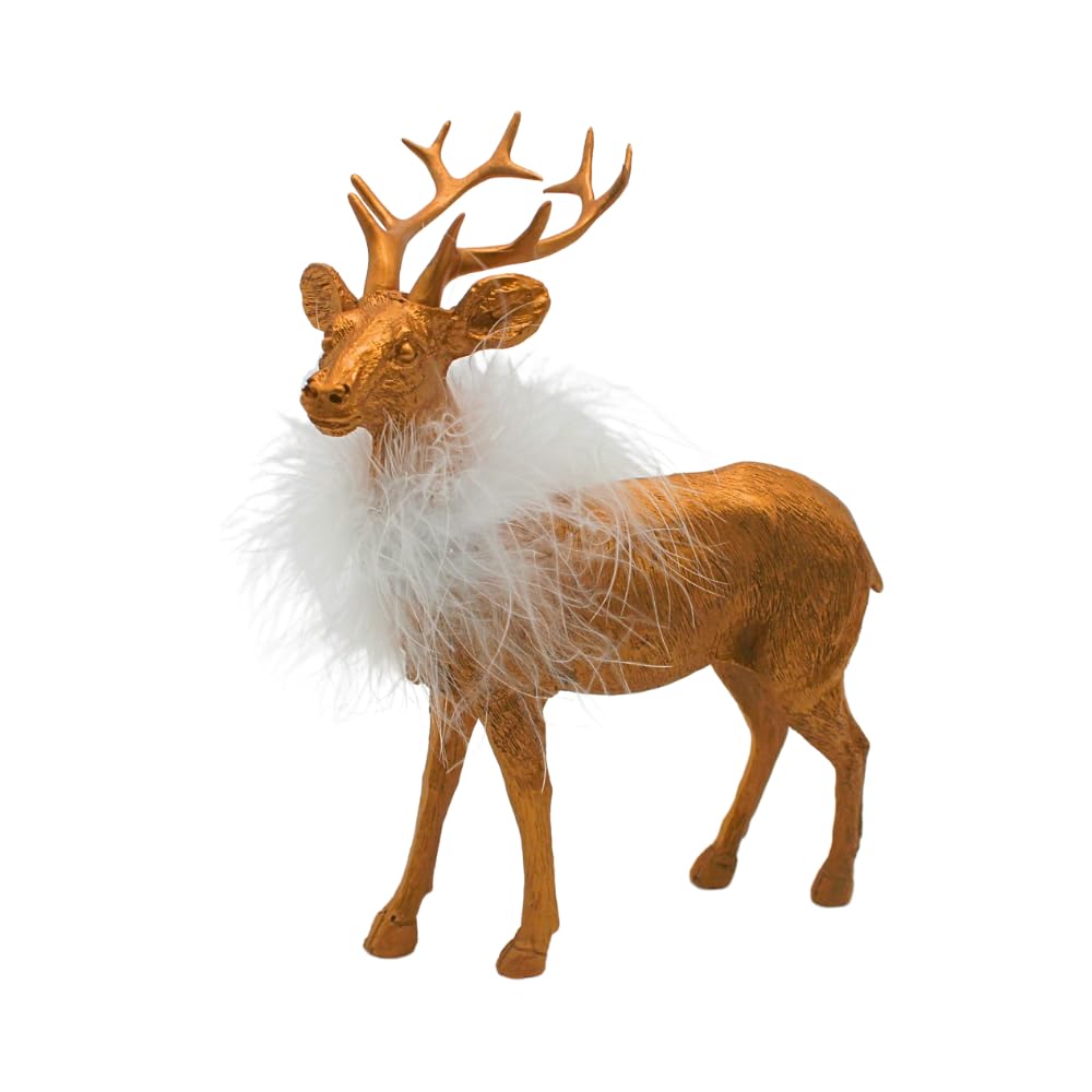 Dekohelden24 Deer Decoration, Stag Sculpture, Stag Figurine, Ceramic Stag with White Feather Boa in Gold, Size L/W x H approx. 16 x 8 x 21 cm