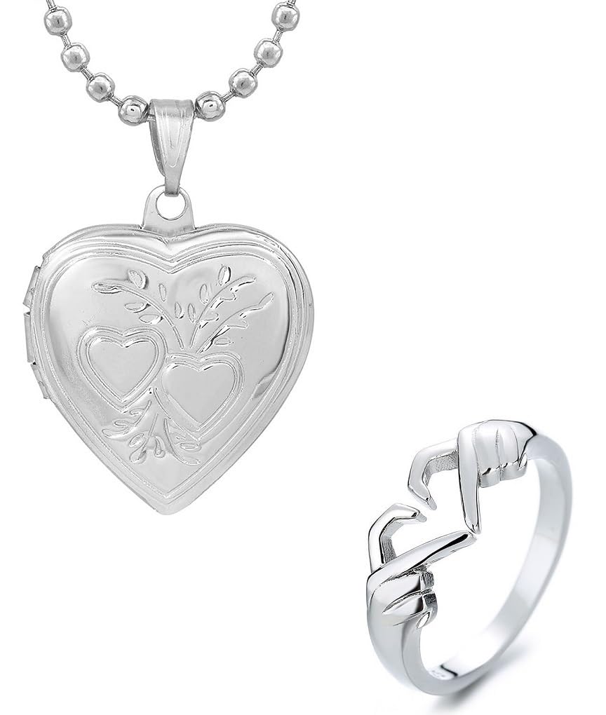 Combo Of CMB8025 Heart Shape Romantic Love Openable Couple Mini Photo Frame Keepsake Momento/Memory Locket Pendant Necklace And Hands Than Heart Thumb Finger Ring