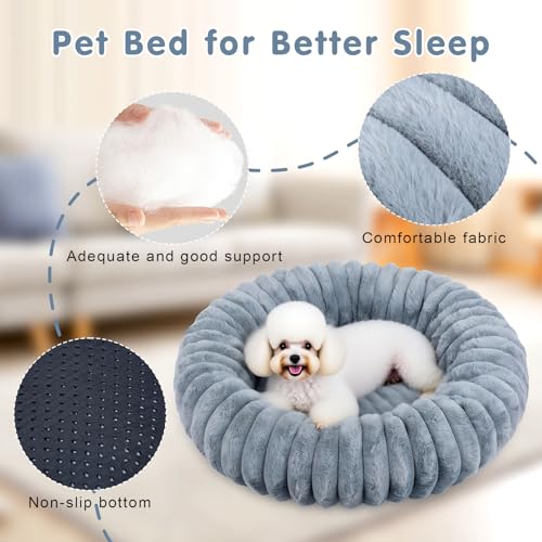 Qoosea Hundebett Katzenbett Flauschig, Dickes Donut Hundekissen mit Nackenstütze, Waschbar Hundedonut mit Rutschfester Unterseite, Hundebetten für Kleine Hunde und Katzen Grau 40 cm