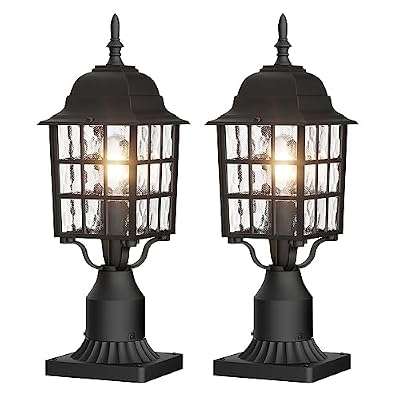 Aoceley Outdoor Post Light 2-Pack, Exterior Lamp Post Light Fixture with Pier Mount Base, Exterior Pole Lantern Light, Black with Water Ripple Glass