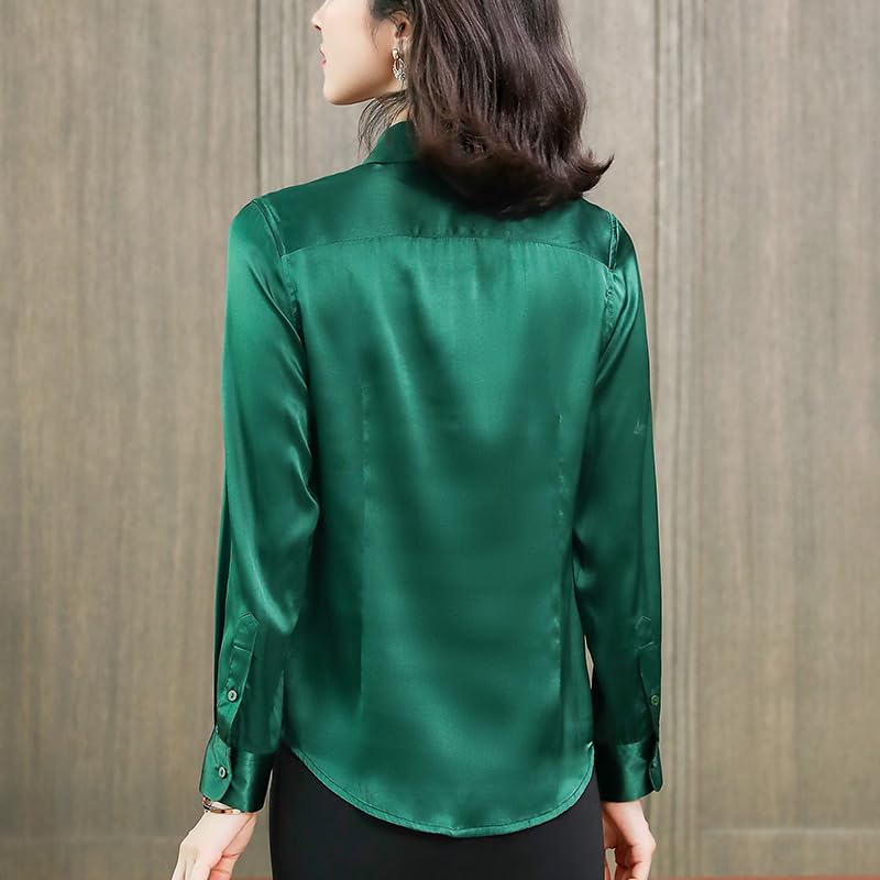 Office Lady Blouse en Satin de Soie véritable – Chemise de Travail Unie avec col Rabattu et Manches Longues (Rouge L)