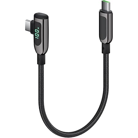 首佩100W 直角 USB C - USB C ケーブル、0.3M 亜鉛合金編組 Type-C ケーブル、LED ディスプレイ付き、lPad Mini/Air/Pro、MacBook Pro、Samsung S23/S22/S10、Pixel、LG 用
