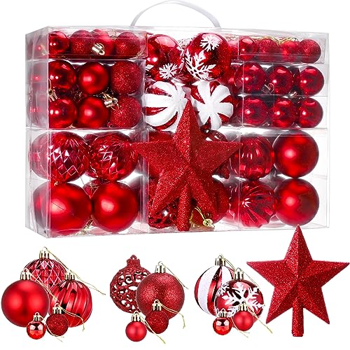 Zocipro 101 Stück Weihnachtskugeln Rot, Christbaumschmuck Rote, 6cm/4cm/3cm Christbaumkugeln Kunststoff Set mit Weihnachtsbaumspitze Stern Weihnachtsbaum Topper,Weihnachtsbaum Deko