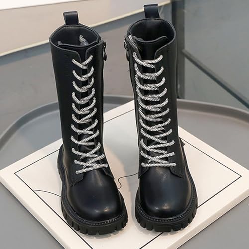 Girls' Goth Boots,Boys Girls Combat Boots Lace Up Side Zipper PU Leather Punk Booties Waterproof Mid Calf Riding Winter Boot for Toddler/Little Kid/Big Kid4